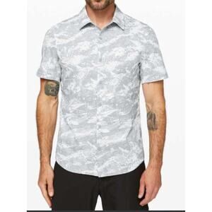 Lululemon Airing Easy Camp Collar Short Sleeve Shirt White Graphite Grey Fits L